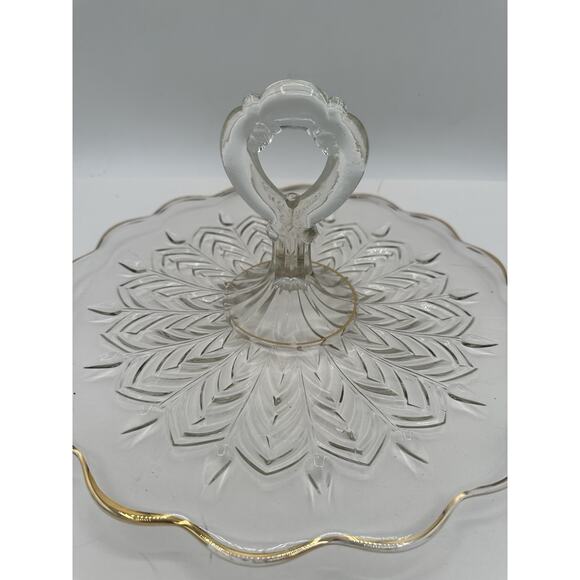 Center Handle Tray Feather by JEANNETTE Glass 12" x 6" Gold Trim Cottage Core - Picture 5 of 7